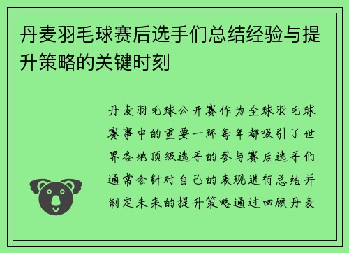 丹麦羽毛球赛后选手们总结经验与提升策略的关键时刻