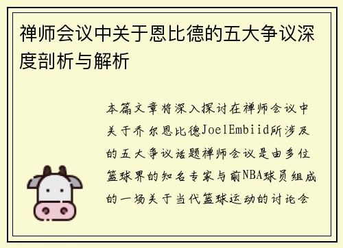 禅师会议中关于恩比德的五大争议深度剖析与解析