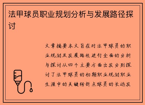 法甲球员职业规划分析与发展路径探讨