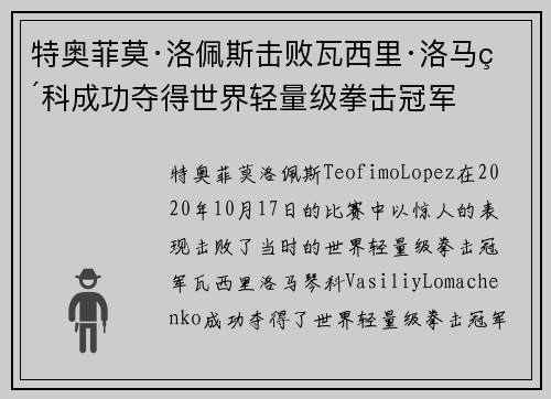 特奥菲莫·洛佩斯击败瓦西里·洛马琴科成功夺得世界轻量级拳击冠军
